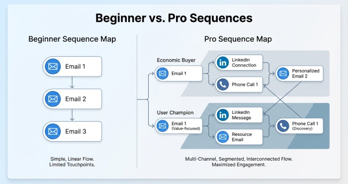 Beginner vs Pro Flowchart

A comparison split-flowchart showing a basic email sequence next to an advanced multi-channel sequence.